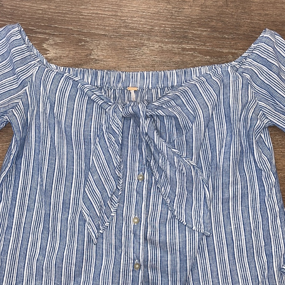 Free People Blue/White Striped Off-The-Shoulder Blouse Top - Picture 4 of 15